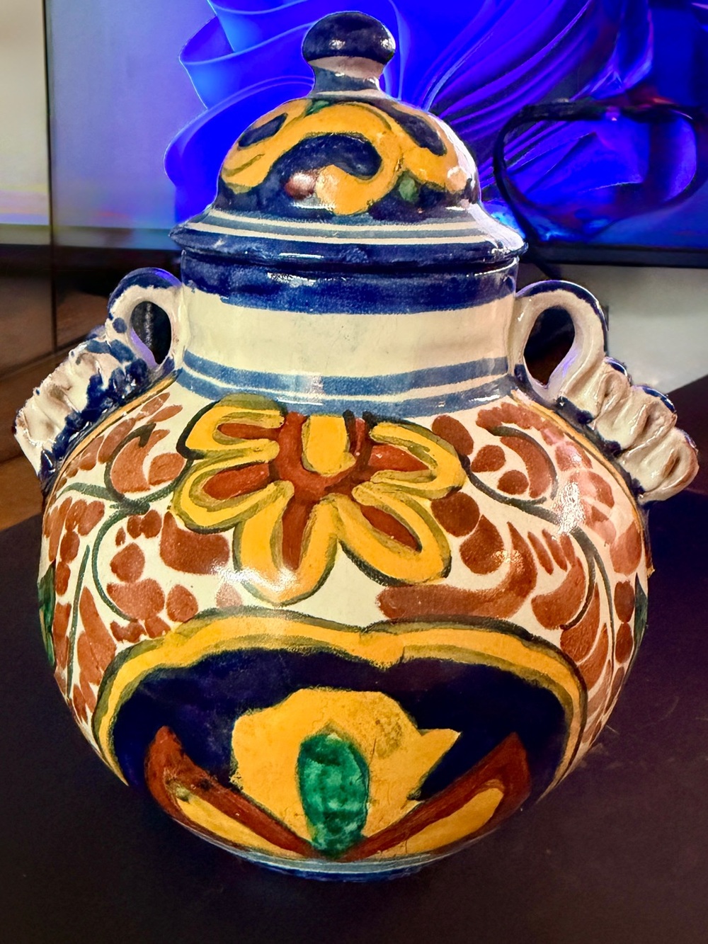 Vintage Hand-Painted Multicolor  Jar w/Lid Made in Mexico Blue,Yellow Red Green